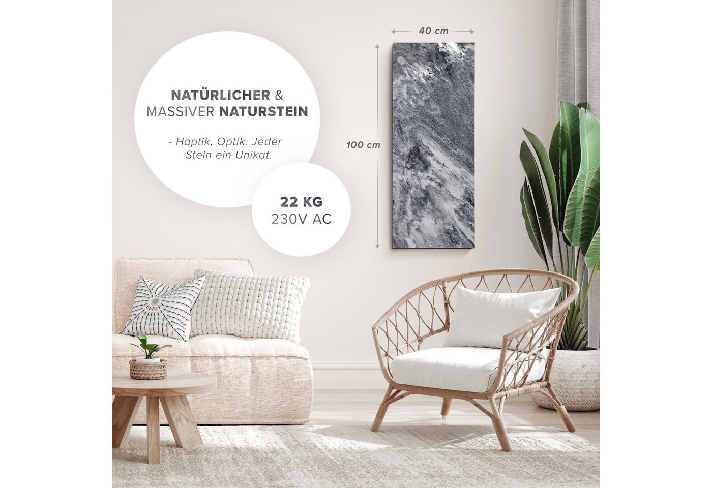 Marwona GmbH Infrarotheizung Naturstein-Infrarotheizung für Wandmontage mit Funk-Thermostat 800 W, 2 cm flach, IP34, Wärmespeicher, für Räume 10–25 m² – Shadow Grey