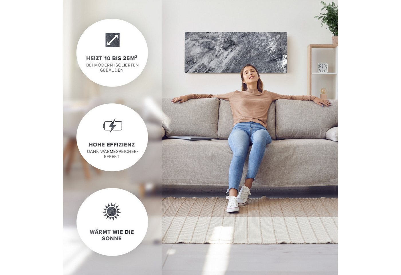 Marwona GmbH Infrarotheizung Naturstein-Infrarotheizung für Wandmontage mit Funk-Thermostat 800 W, 2 cm flach, IP34, Wärmespeicher, für Räume 10–25 m² – Shadow Grey Bild 3