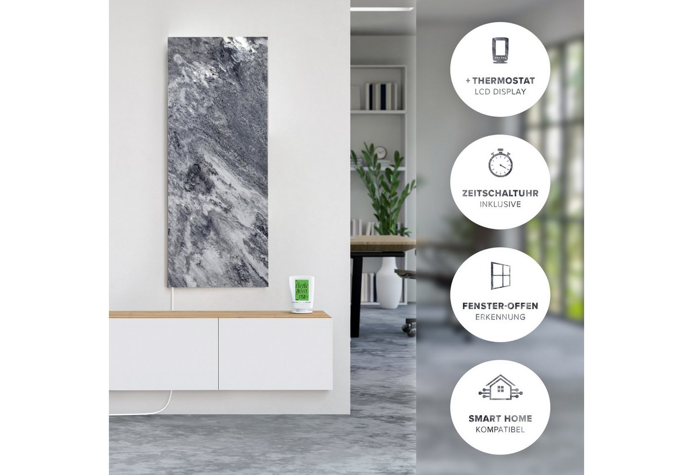 Marwona GmbH Infrarotheizung Naturstein-Infrarotheizung für Wandmontage mit Funk-Thermostat 800 W, 2 cm flach, IP34, Wärmespeicher, für Räume 10–25 m² – Shadow Grey Bild 5