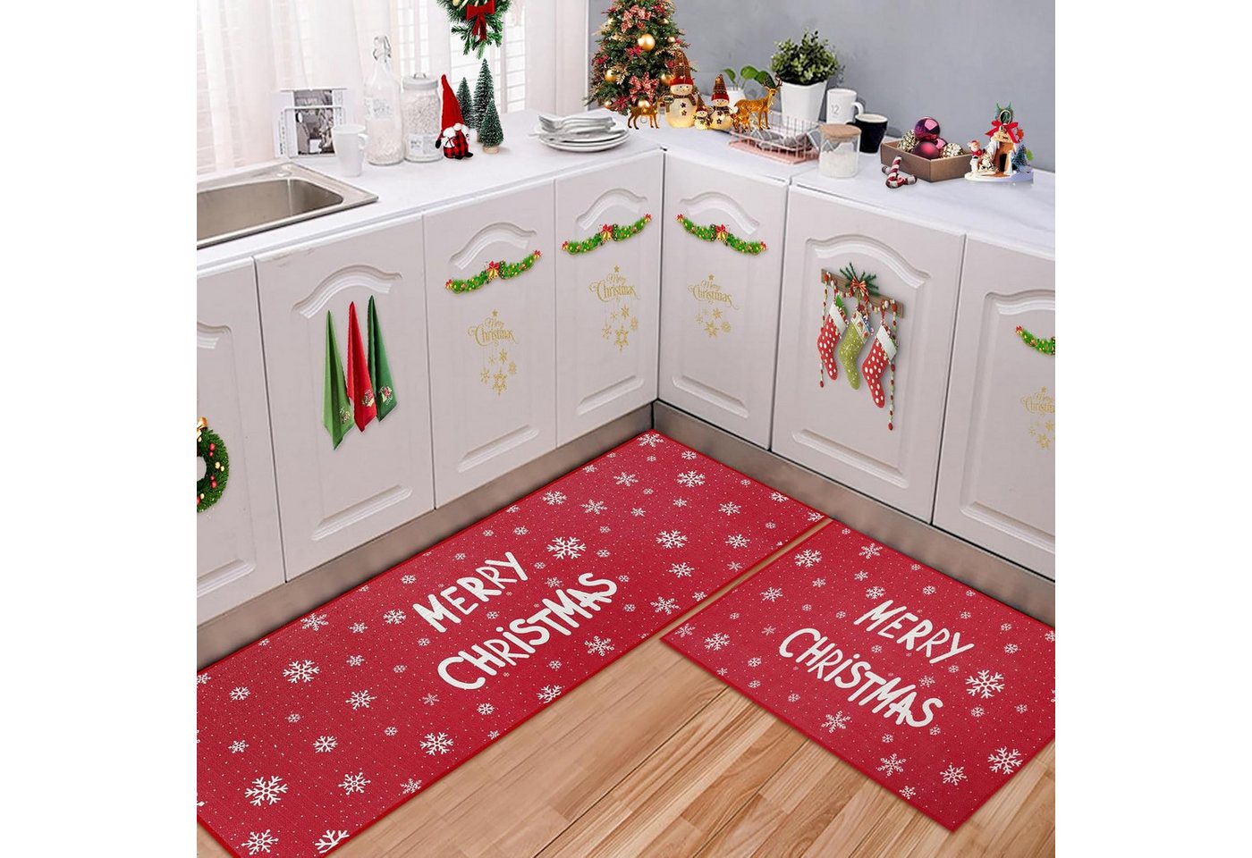 GarveeMore Fußmatte Weihnachts Sets,Weihnachts Küchenmatte Frohe Weihnachten, Schneeflocke 2-teilig rutschfeste Läufer Teppich-Set,40x60,40x120CM