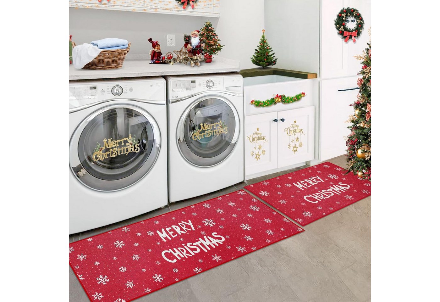 GarveeMore Fußmatte Weihnachts Sets,Weihnachts Küchenmatte Frohe Weihnachten, Schneeflocke 2-teilig rutschfeste Läufer Teppich-Set,40x60,40x120CM Bild 2