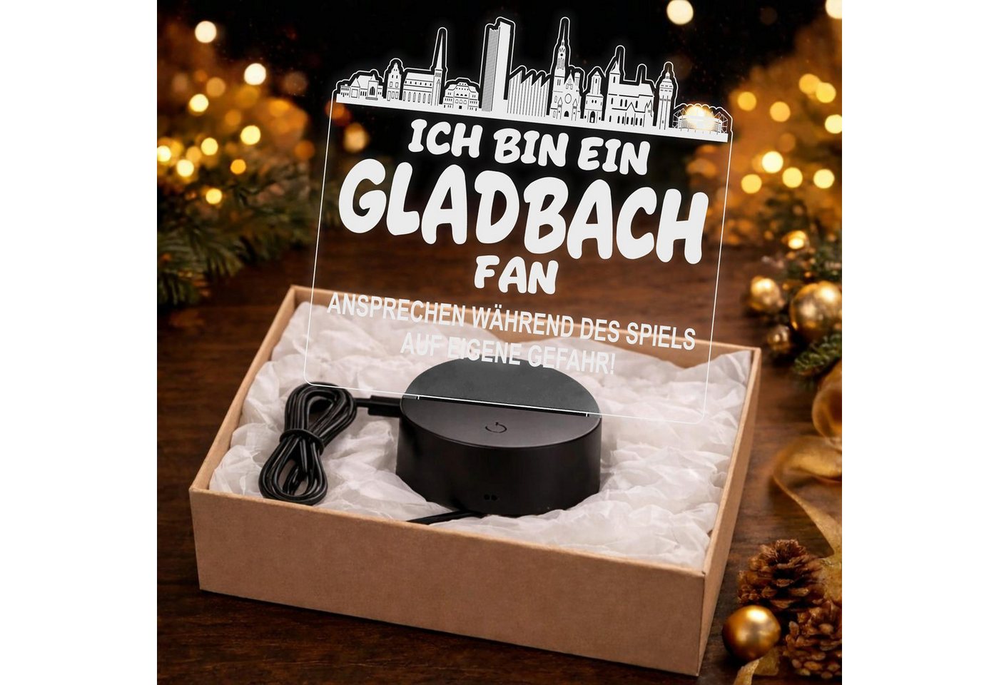 Lieblingsmensch LED Nachtlicht Fußball - Ich bin ein Gladbach Fan - Ansprechen auf eigene Gefahr, LED fest integriert, Farbwechsel oder feste Farbe mit Fernbedienung & Touch, Man Cave Stimmungslicht – 19x23cm