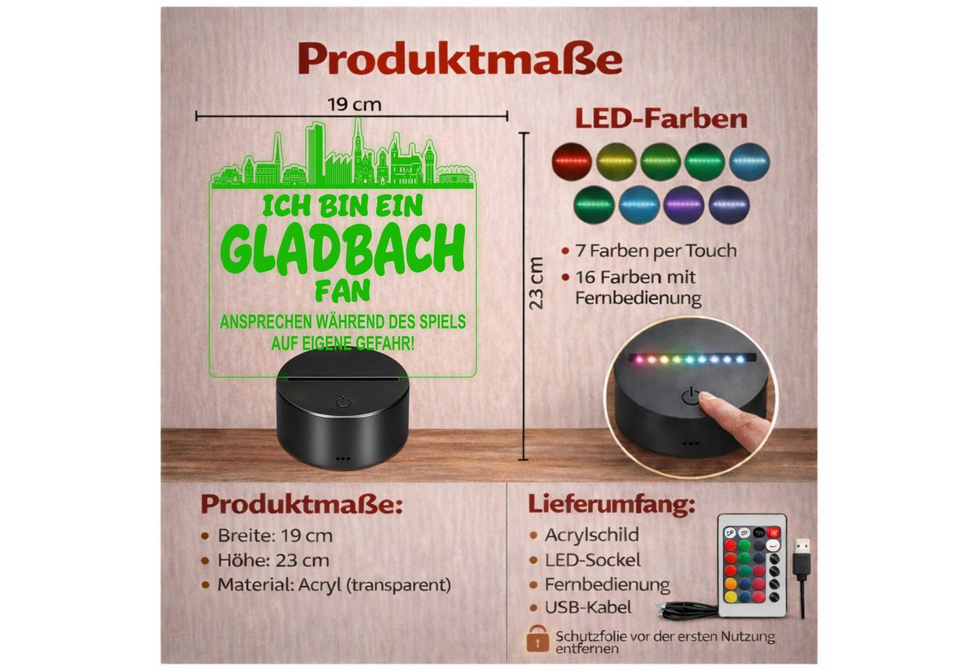 Lieblingsmensch LED Nachtlicht Fußball - Ich bin ein Gladbach Fan - Ansprechen auf eigene Gefahr, LED fest integriert, Farbwechsel oder feste Farbe mit Fernbedienung & Touch, Man Cave Stimmungslicht – 19x23cm Bild 2