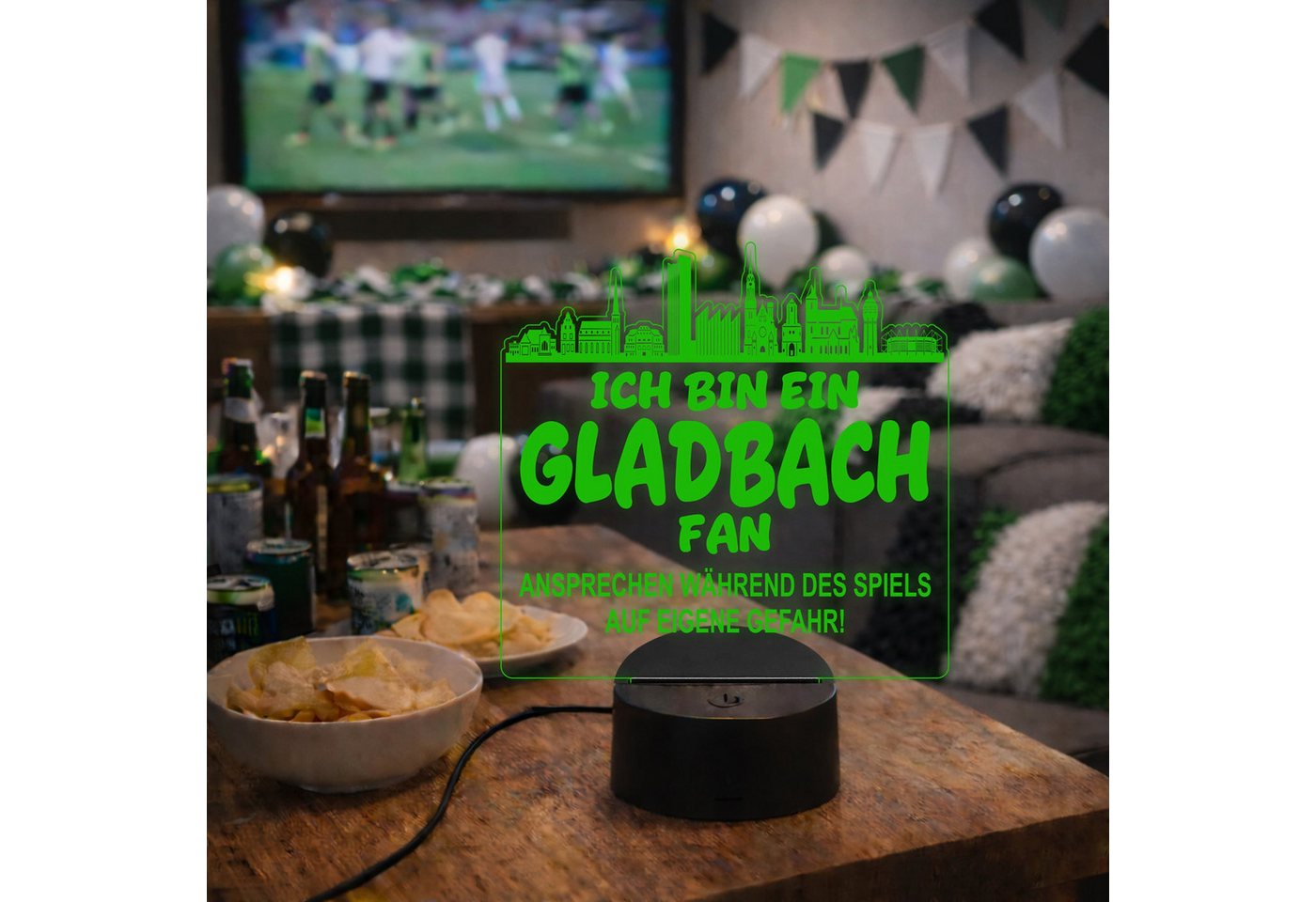 Lieblingsmensch LED Nachtlicht Fußball - Ich bin ein Gladbach Fan - Ansprechen auf eigene Gefahr, LED fest integriert, Farbwechsel oder feste Farbe mit Fernbedienung & Touch, Man Cave Stimmungslicht – 19x23cm Bild 4