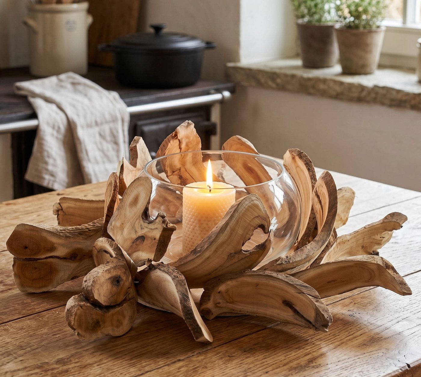Dekoleidenschaft Dekokranz "Holzscheiben" mit Windlicht, Ø 45 cm, Tischkranz, Vase, Kerzenständer, Holzkranz mit Kerzenglas Bild 4