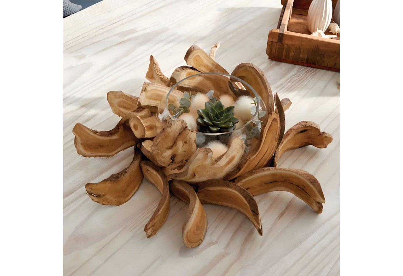 Dekoleidenschaft Dekokranz "Holzscheiben" mit Windlicht, Ø 45 cm, Tischkranz, Vase, Kerzenständer, Holzkranz mit Kerzenglas Bild 5