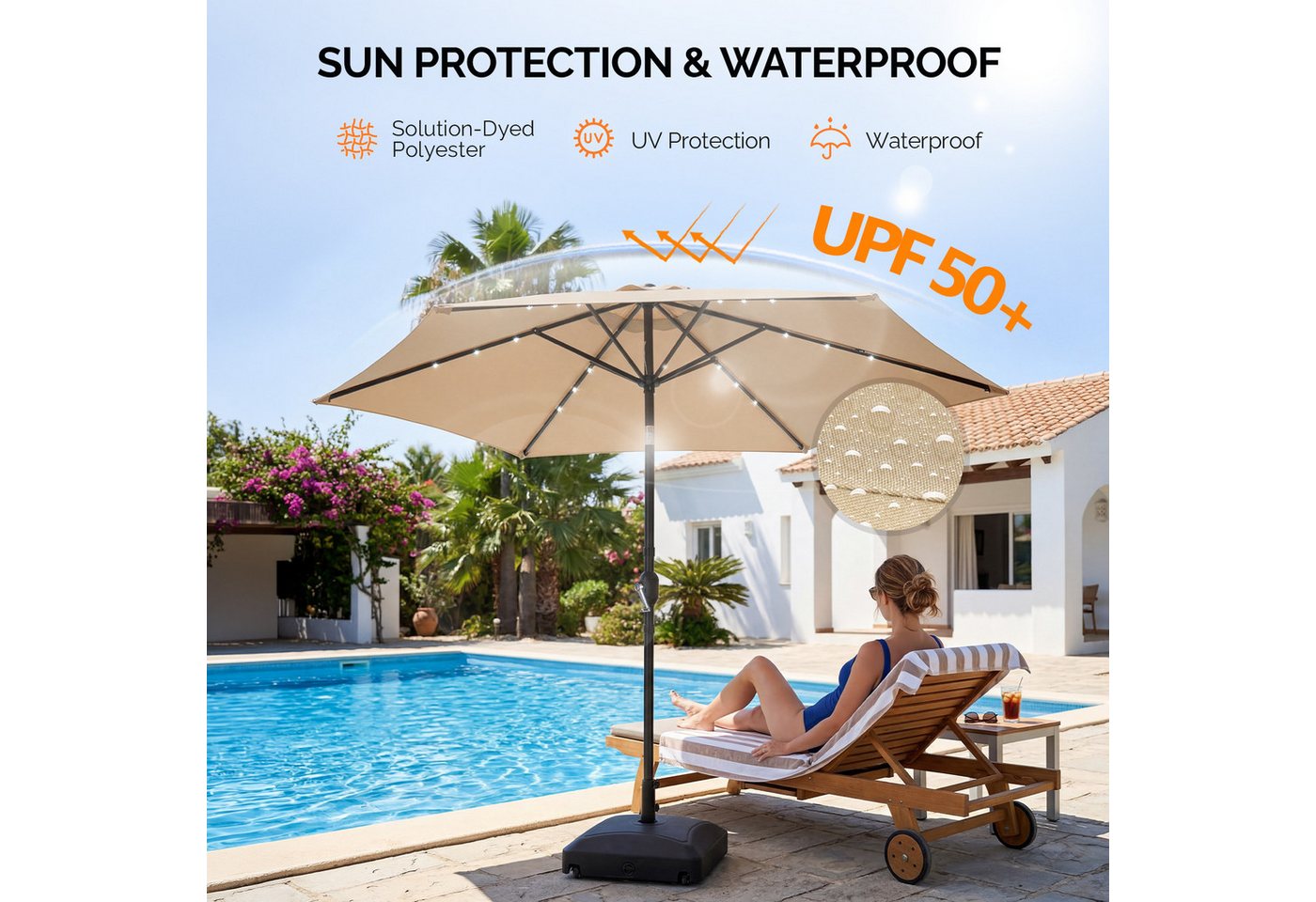 FANNOU Sonnenschirm 2,66 x 2,34m (D x H), mit LED, Sonnenschutz UV50+, Gartenschirm Knickbar Bild 5