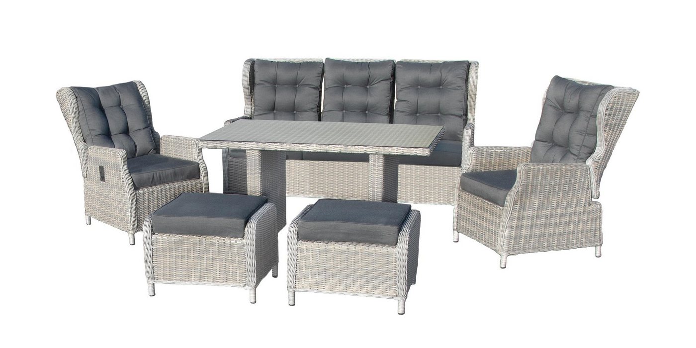 bellavista - Home&Garden® Gartenlounge-Set Dininglounge-Set Canelli 7 Personen Polyrattan grau Aluminium, (Set, 6-tlg., 1 Sofa, 2 Sessel, 2 Hocker, 1 Tisch, inkl. Auflagen), grau, Polyrattan, für 7 Personen, wetterfest - Garten, Terrasse
