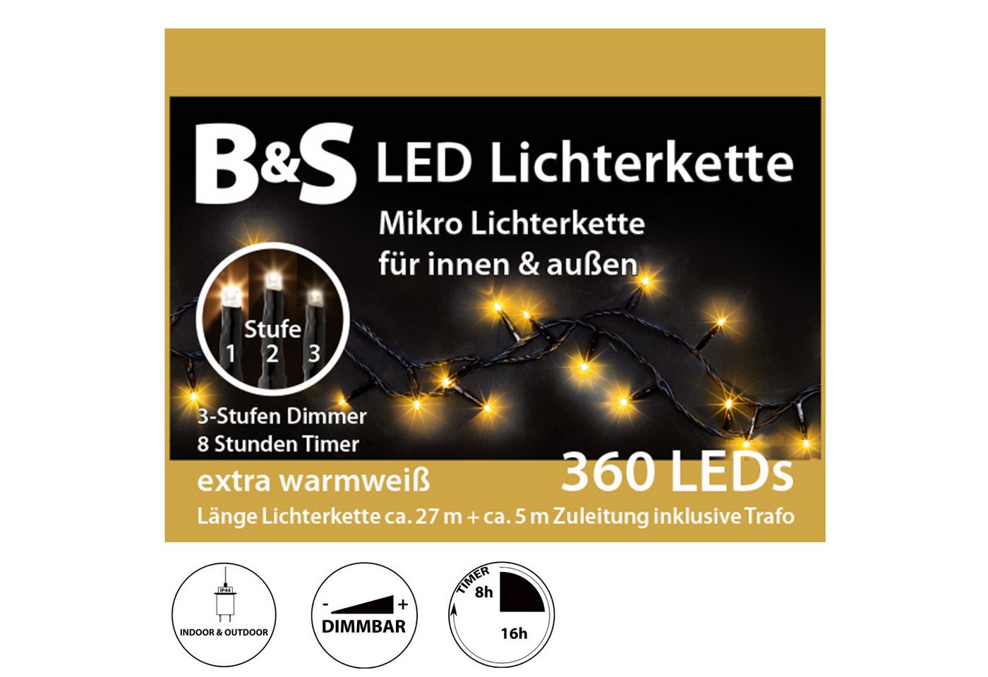 B&S LED-Lichterkette LED Lichterkette für Innen und Außen warm white mit Timer und Dimmer