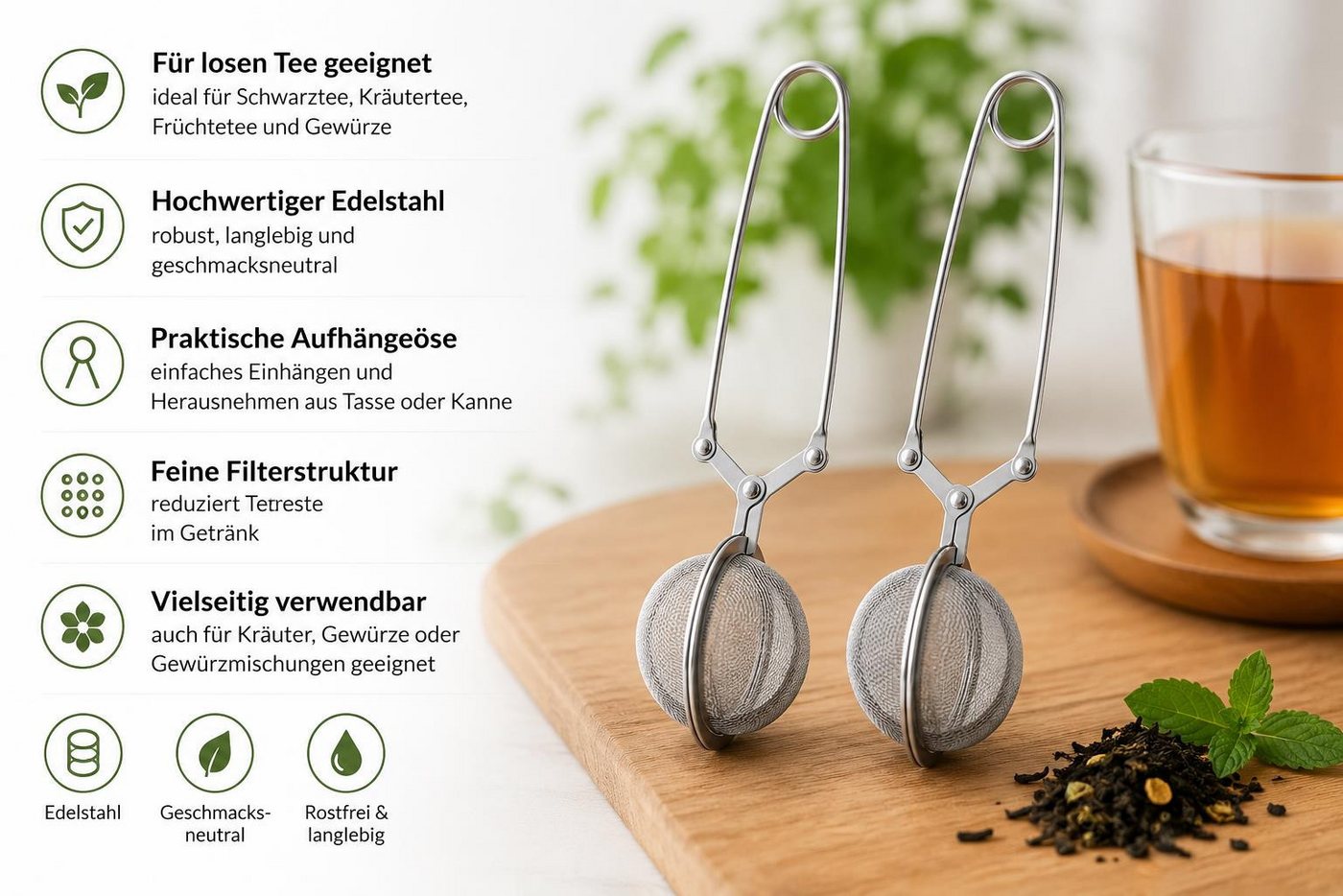 BAYLI Abflusssieb Bayli 4er Set Teezange aus Edelstahl für losen Tee, 4 Stück Tee Ei
