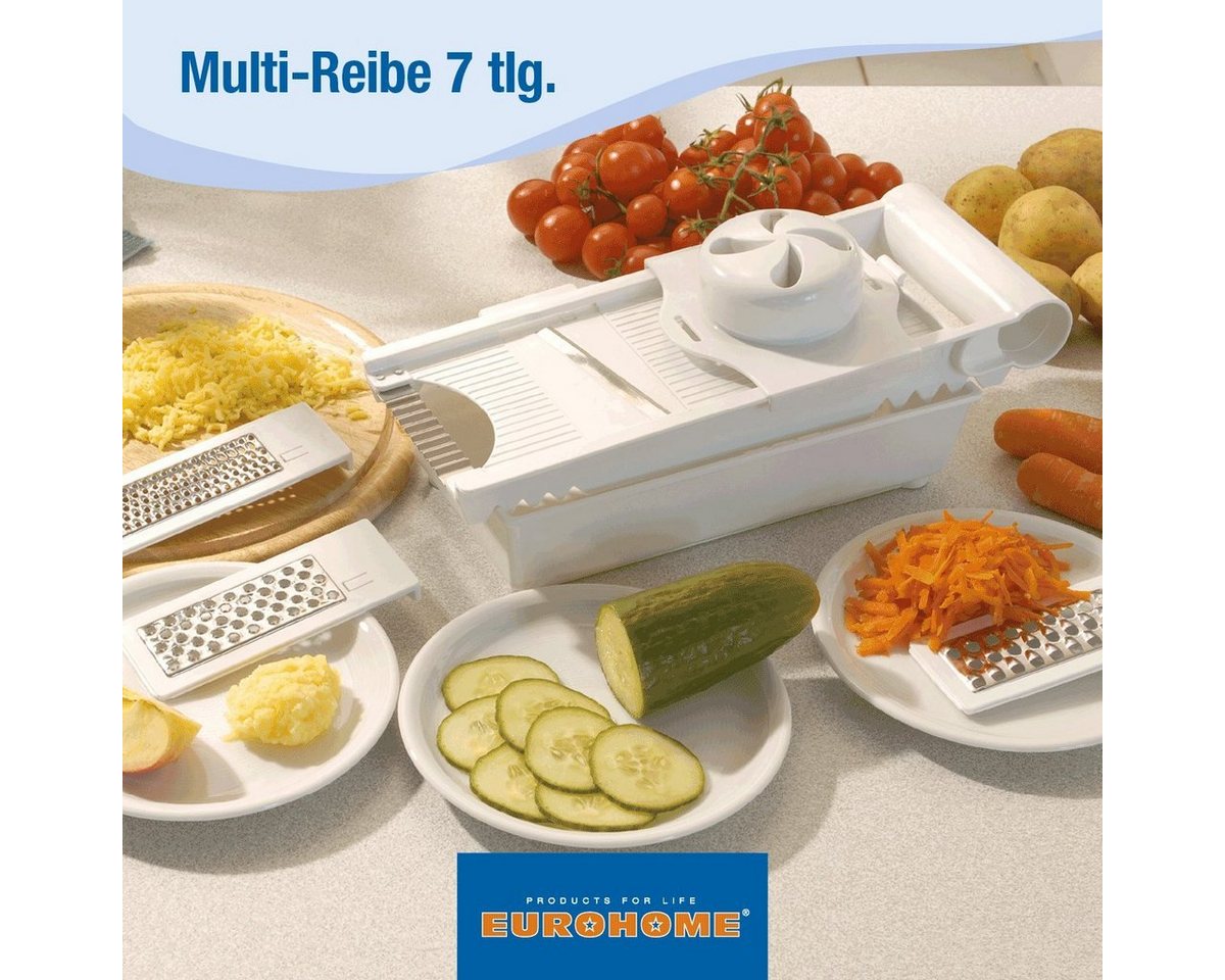 EUROHOME Multireibe Multifunktionaler Gemüsehobel - Reibe mit Auffangbehälter, Edelstahl, (1-St., 7- teiliges Küchenreibe Set 22 cm), Salatschneider Karottenreibe Küchenhobel
