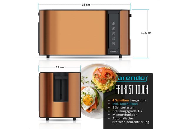 Arendo Frühstücks-Set Edelstahl Wasserkocher 1,7l, 4-Scheiben Langschlitz Toaster, kupfer (2-tlg), Wasserkocher Temperatureinstellung, Toaster Brötchenaufsatz, Touch