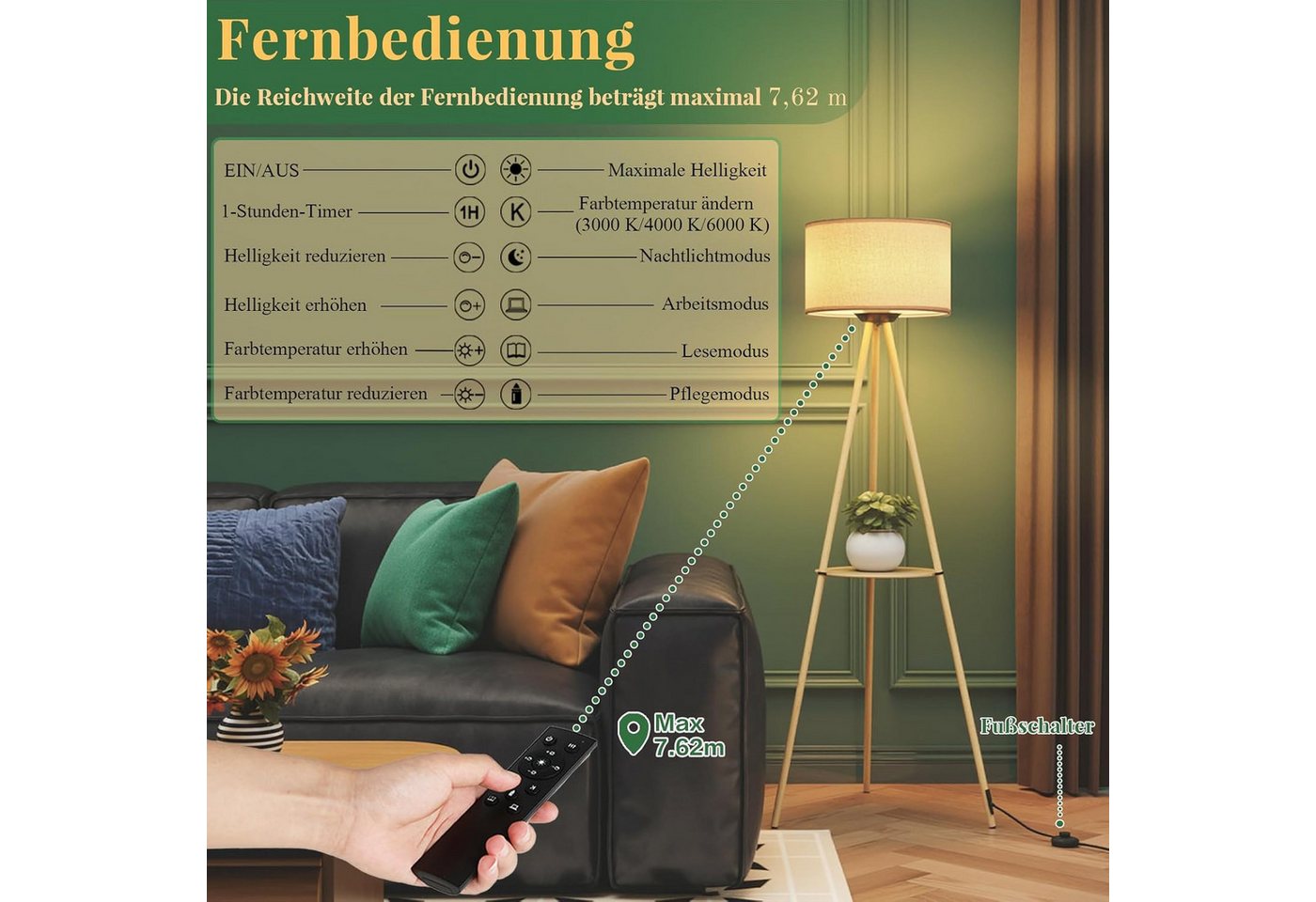 TLGREEN LED Stehlampe Standleuchte mit Fernbedienung & Timer, stufenlos dimmbar, 3 Farbtemperaturen, E27, für Wohnzimmer Schlafzimmer, modernes Design