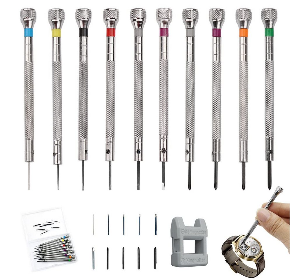FOUORTUNATE-BEE Schraubendreher 10tlg Uhrmacher Schraubendreher Set Präzisionswerkzeug 0,6-2,0mm, Für Uhren Brillen Handy Reparatur Feinmechanik mit Entmagnetisierer