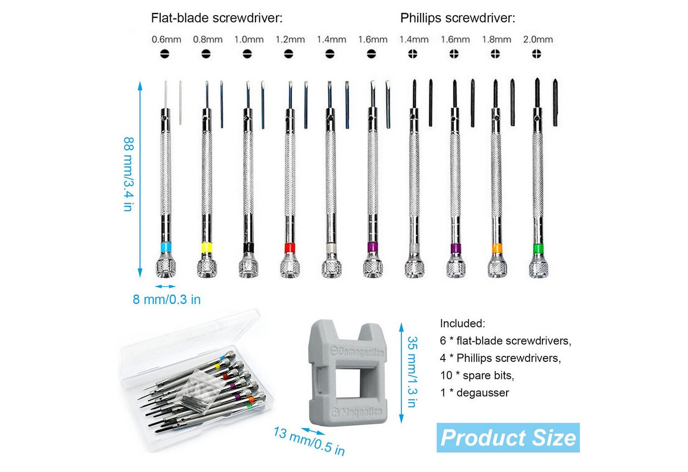 FOUORTUNATE-BEE Schraubendreher 10tlg Uhrmacher Schraubendreher Set Präzisionswerkzeug 0,6-2,0mm, Für Uhren Brillen Handy Reparatur Feinmechanik mit Entmagnetisierer Bild 4