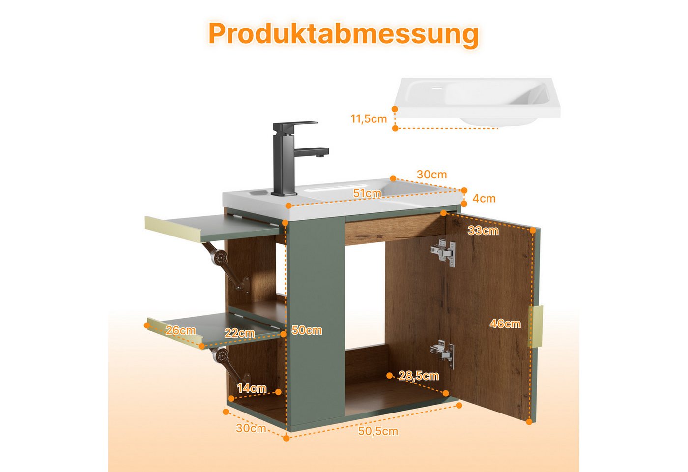 UEV Waschtisch Waschtisch mit Unterschrank (Waschtischunterschrank hängend, Waschplatz ausreichend Stauraum,Badmöbel Set für Badezimmer, Waschtisch mit Unterschrank Wasserhahn), Waschtisch mit Unterschrank hängend 50,5 cm Bild 4