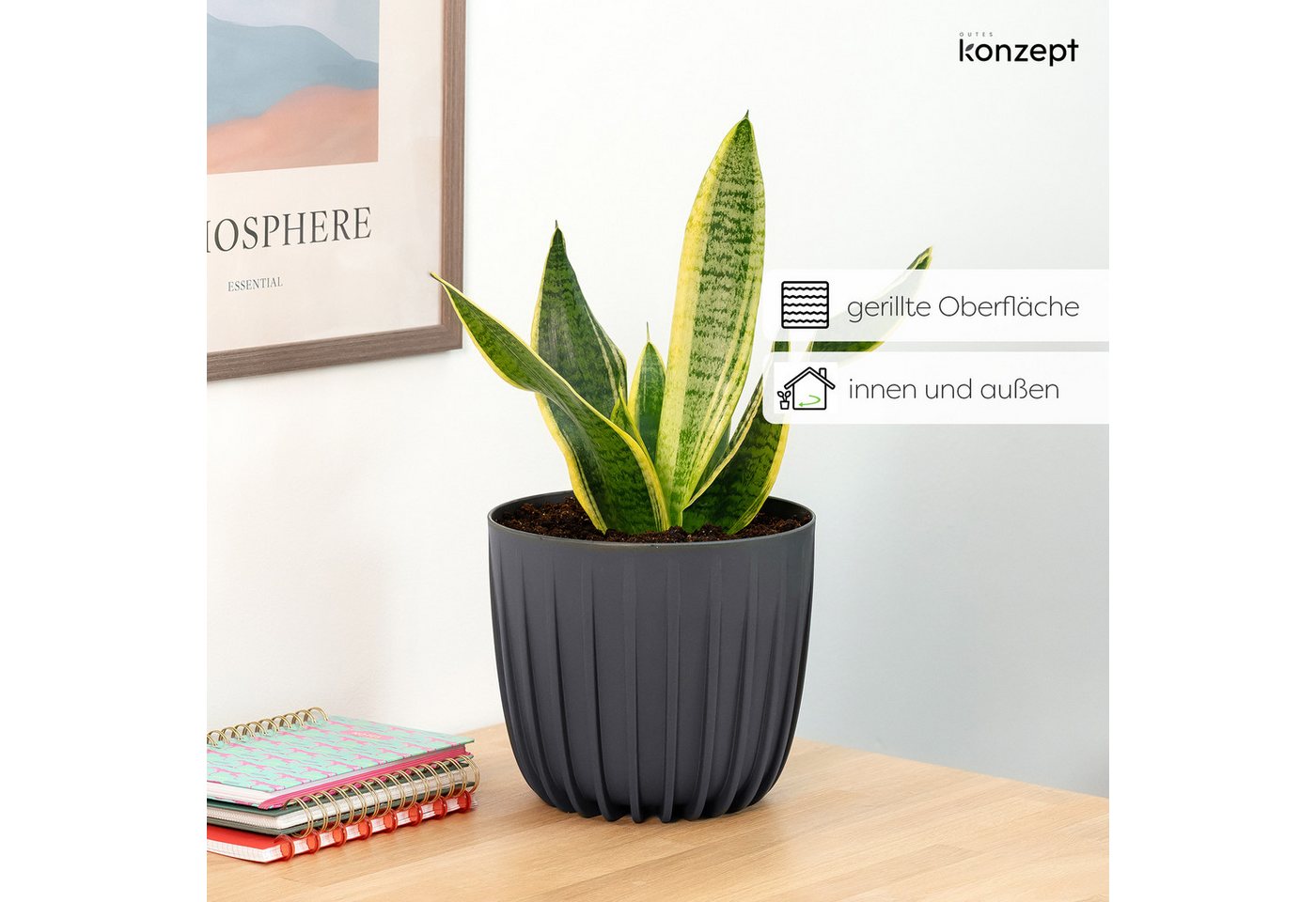 KONZEPT Blumentopf Ø 24 cm, 7 L, Rillenstruktur, für Zimmerpflanzen, Balkon & Terrasse, Rillenstruktur, Matte Oberfläche, Volumen: 7 L
