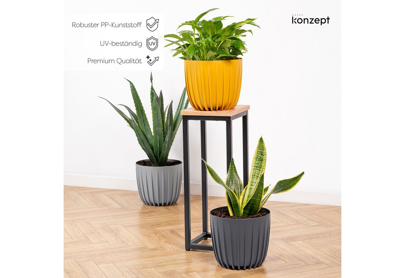 KONZEPT Blumentopf Ø 24 cm, 7 L, Rillenstruktur, für Zimmerpflanzen, Balkon & Terrasse, Rillenstruktur, Matte Oberfläche, Volumen: 7 L Bild 3