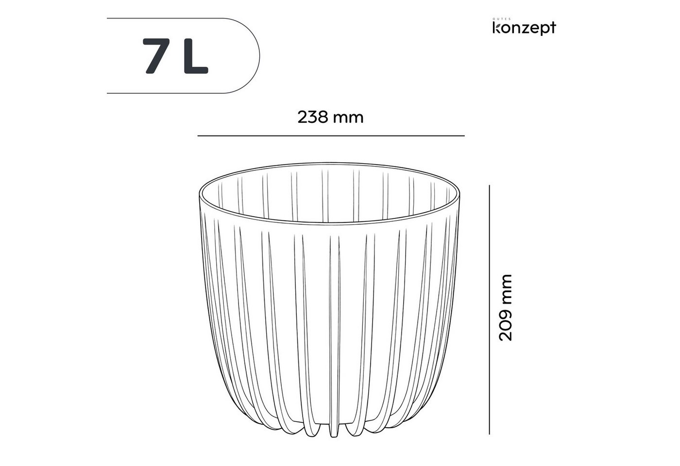KONZEPT Blumentopf Ø 24 cm, 7 L, Rillenstruktur, für Zimmerpflanzen, Balkon & Terrasse, Rillenstruktur, Matte Oberfläche, Volumen: 7 L Bild 5
