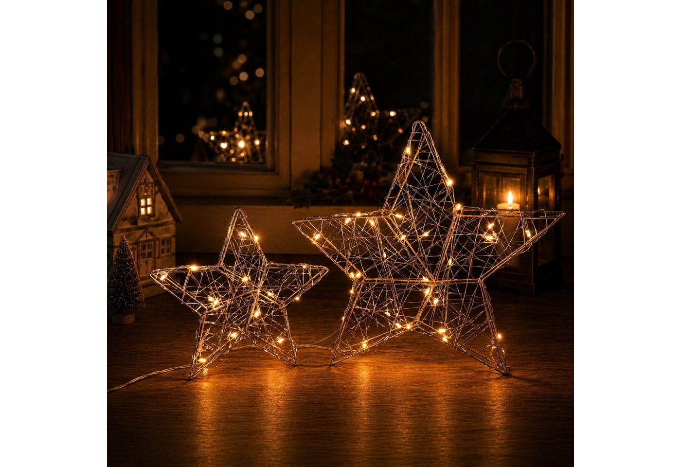 Online-Fuchs LED Dekoobjekt 2 Sterne mit LEDs beleuchtet und 6-Stunden Timer - Weihnachtsdeko, Lichterkette mit 15 und 30 LEDs, warmweiß beleuchtet, schlichte und moderne Weihnachtsdekoration zum Hinstellen Bild 5