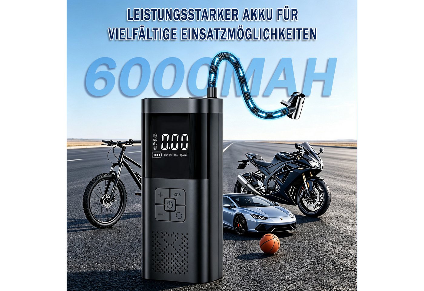 AKKEE Akku-Luftpumpe Mit 6000-mAh-Akku, 150 PSI Tragbare Elektronische, Mit Manometer/Digital-LCD-Anzeige Bild 5