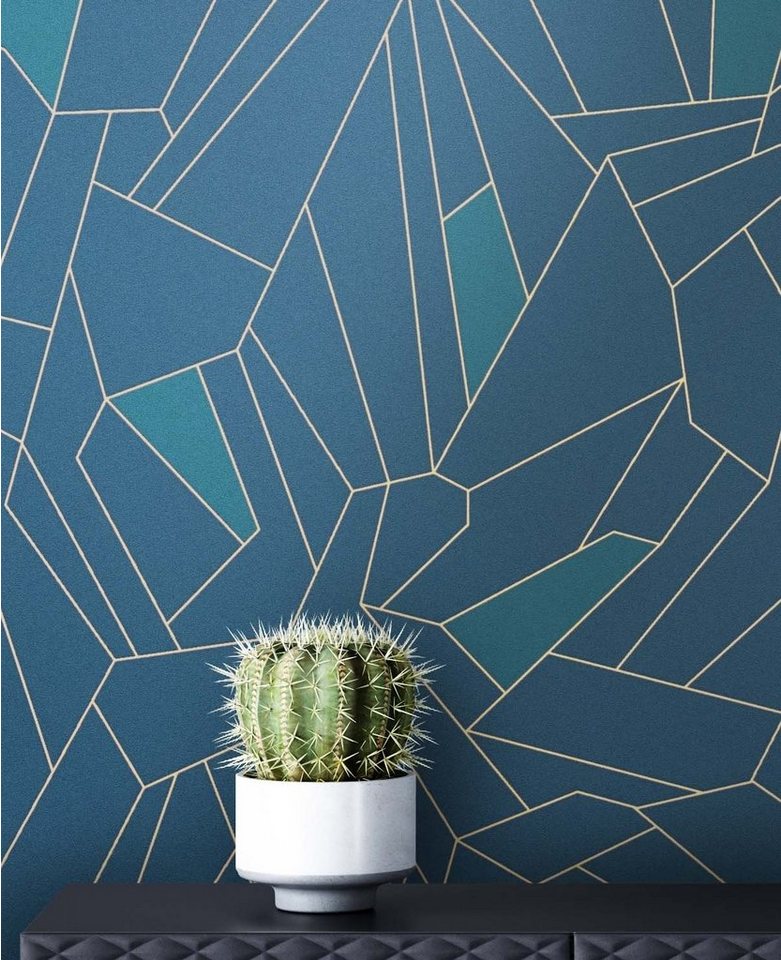 Newroom Vliestapete blau Tapete Grafisch, Blau Geometrisch Grafisch Grafisch - Mustertapete Gold Retro Modern für Büro Diele/Flur Schlafen, Mustertapete