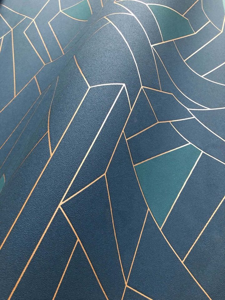 Newroom Vliestapete blau Tapete Grafisch, Blau Geometrisch Grafisch Grafisch - Mustertapete Gold Retro Modern für Büro Diele/Flur Schlafen, Mustertapete Bild 3