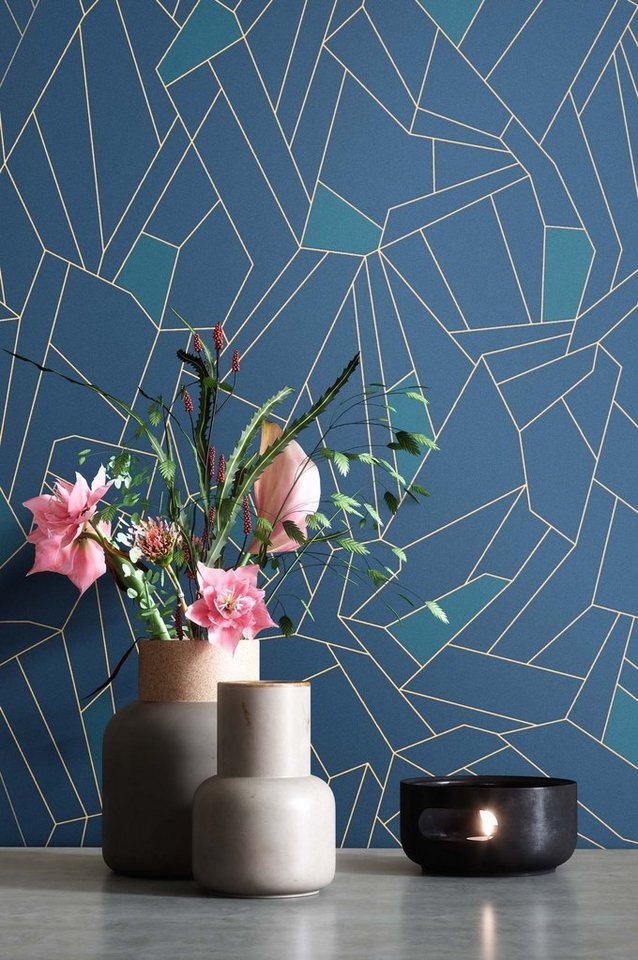 Newroom Vliestapete blau Tapete Grafisch, Blau Geometrisch Grafisch Grafisch - Mustertapete Gold Retro Modern für Büro Diele/Flur Schlafen, Mustertapete Bild 4