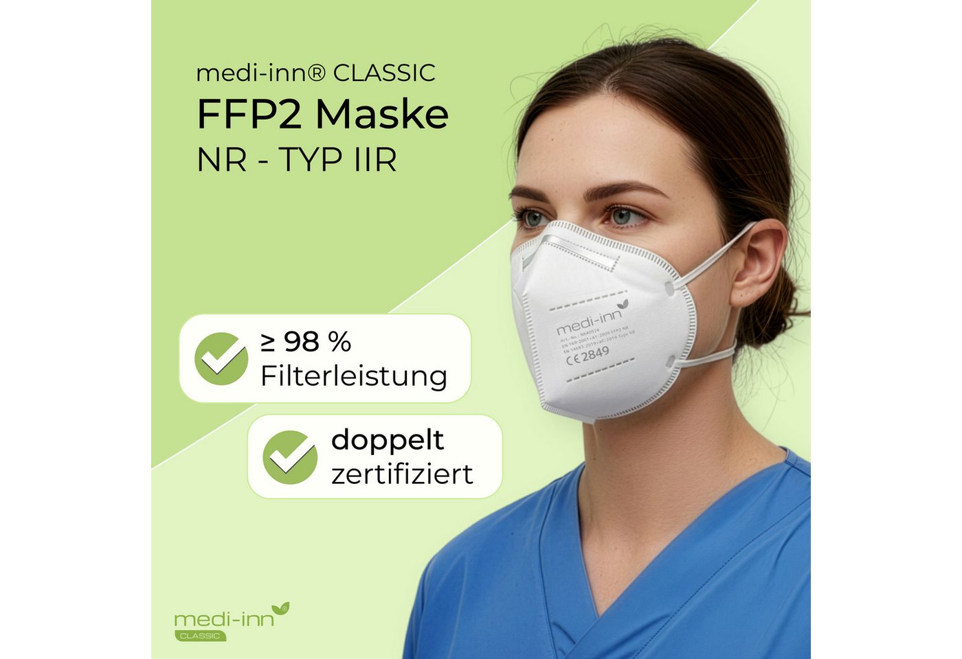 Medi-Inn CLASSIC Filtrierende Halbmasken FFP2 Atemschutzmasken FFP2 NR, Typ IIR, 3-lagig, weiß, 500-St.