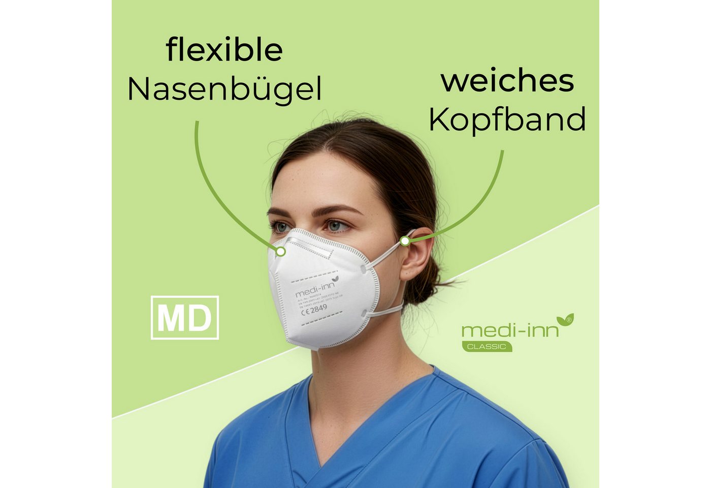 Medi-Inn CLASSIC Filtrierende Halbmasken FFP2 Atemschutzmasken FFP2 NR, Typ IIR, 3-lagig, weiß, 500-St. Bild 3