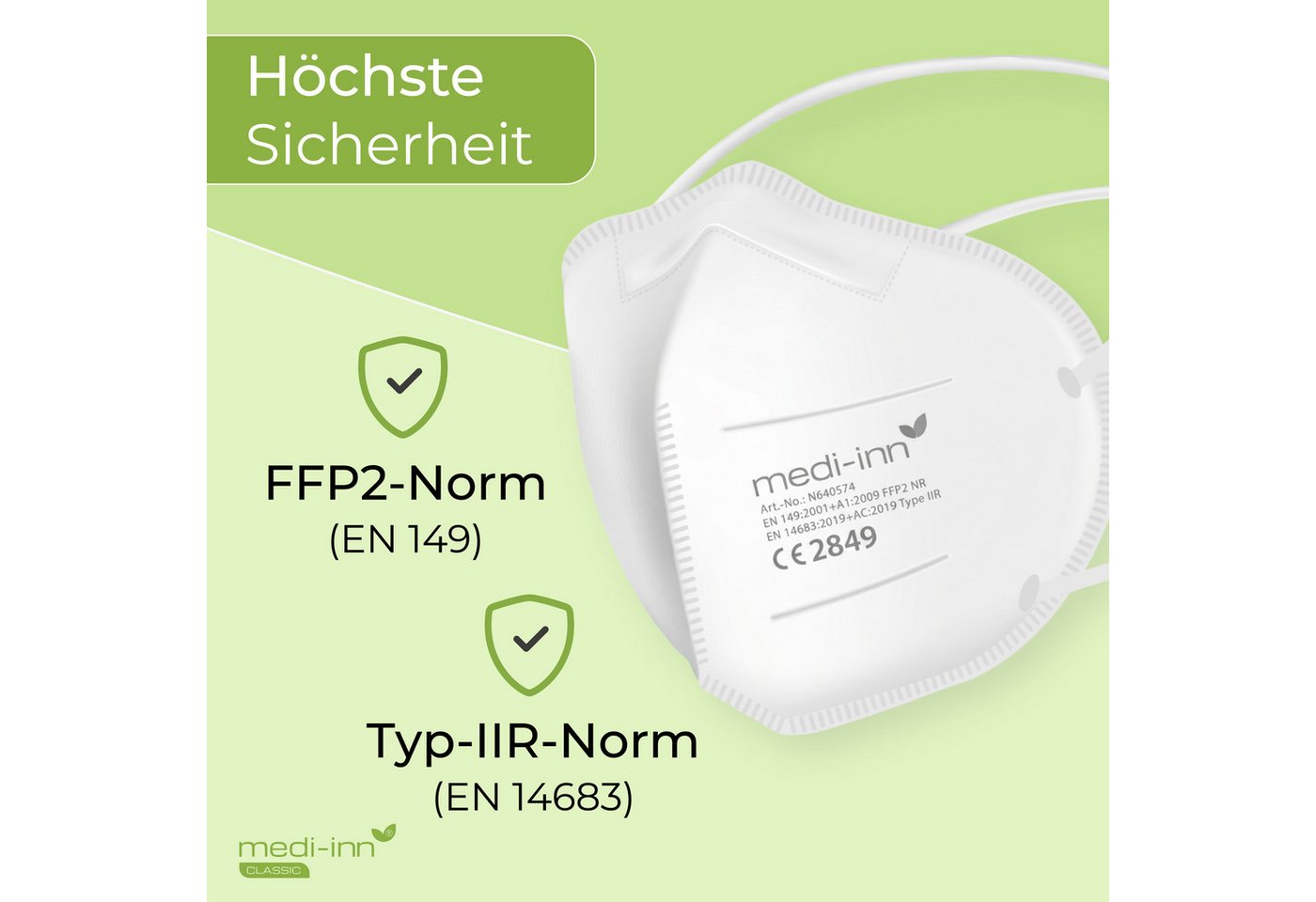 Medi-Inn CLASSIC Filtrierende Halbmasken FFP2 Atemschutzmasken FFP2 NR, Typ IIR, 3-lagig, weiß, 500-St. Bild 4
