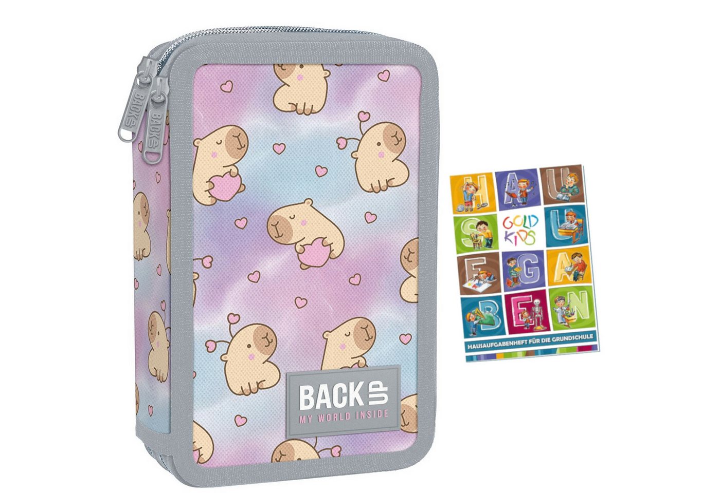 GOLDKIDS Federmäppchen 2 Fächer - Mäppchen für Mädchen und Jungen -, (Federmappe 2-Fach Federtasche, Gefüllte Schüleretui Schulmäppchen), und Hausaufgabenheft