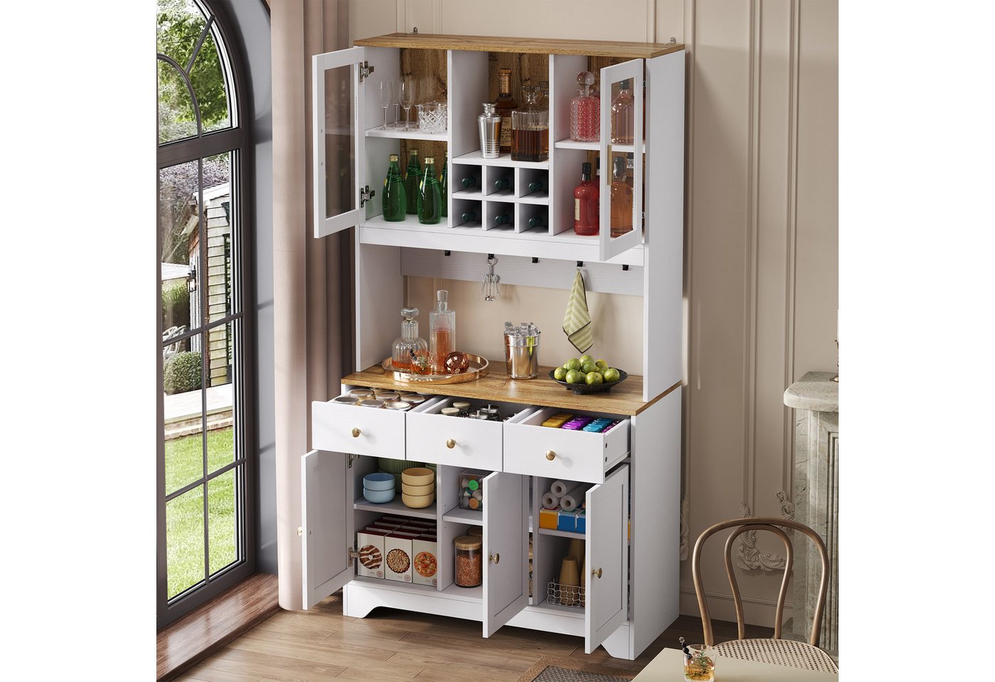 Odikalo Küchenbuffet Küchenschrank Hochschrank Sideboard mit Weinregal (Sideboard, Hochschrank in weißer Holzmaserung, 94,5 x 30 x 175,5 cm, für Wohn- und Esszimmer)