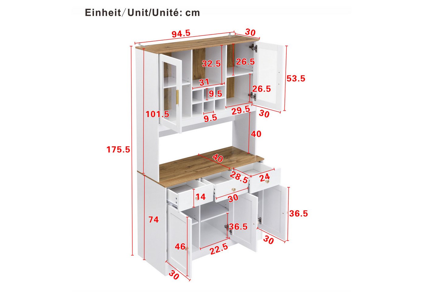 Odikalo Küchenbuffet Küchenschrank Hochschrank Sideboard mit Weinregal (Sideboard, Hochschrank in weißer Holzmaserung, 94,5 x 30 x 175,5 cm, für Wohn- und Esszimmer) Bild 3