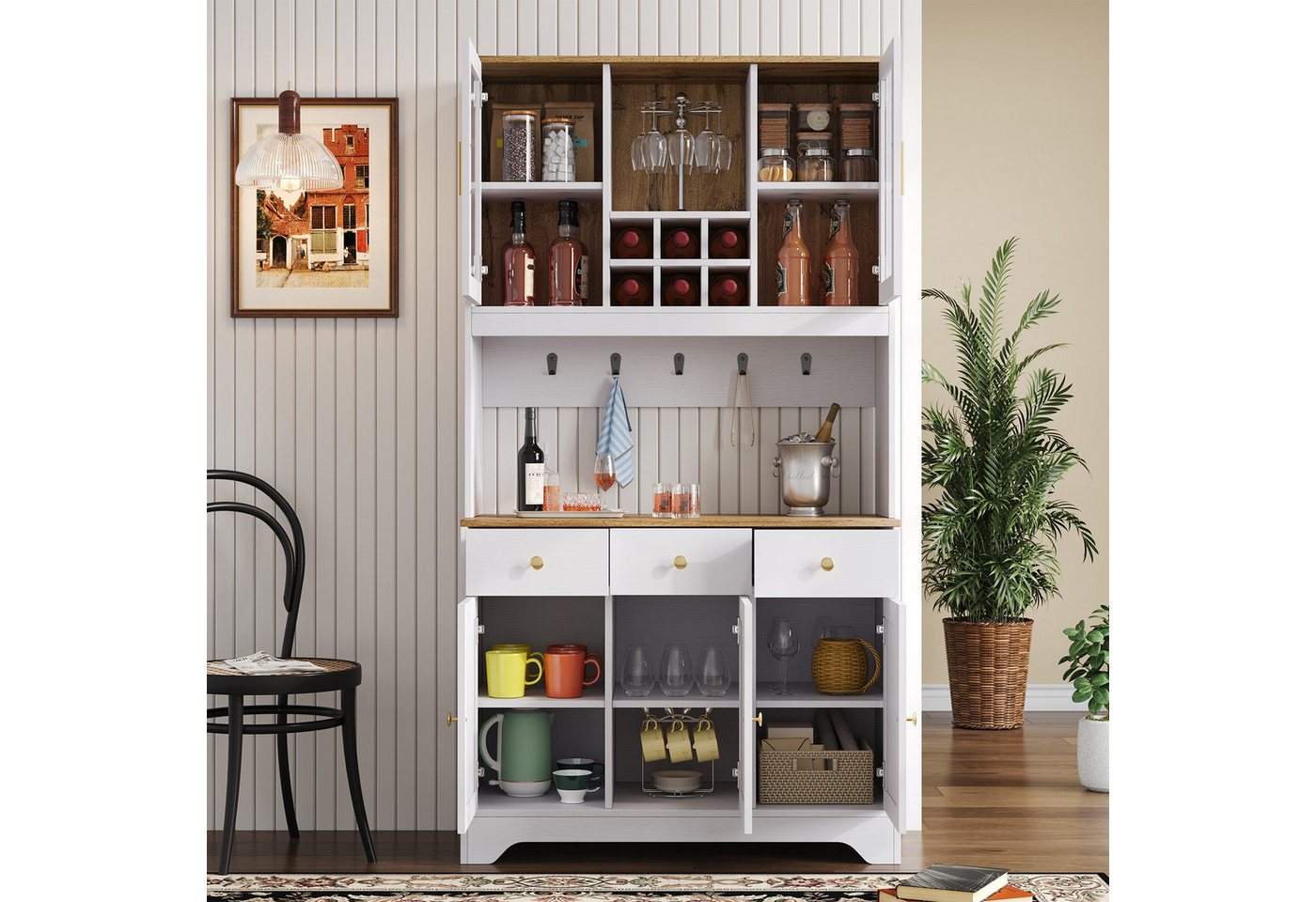 Odikalo Küchenbuffet Küchenschrank Hochschrank Sideboard mit Weinregal (Sideboard, Hochschrank in weißer Holzmaserung, 94,5 x 30 x 175,5 cm, für Wohn- und Esszimmer) Bild 4
