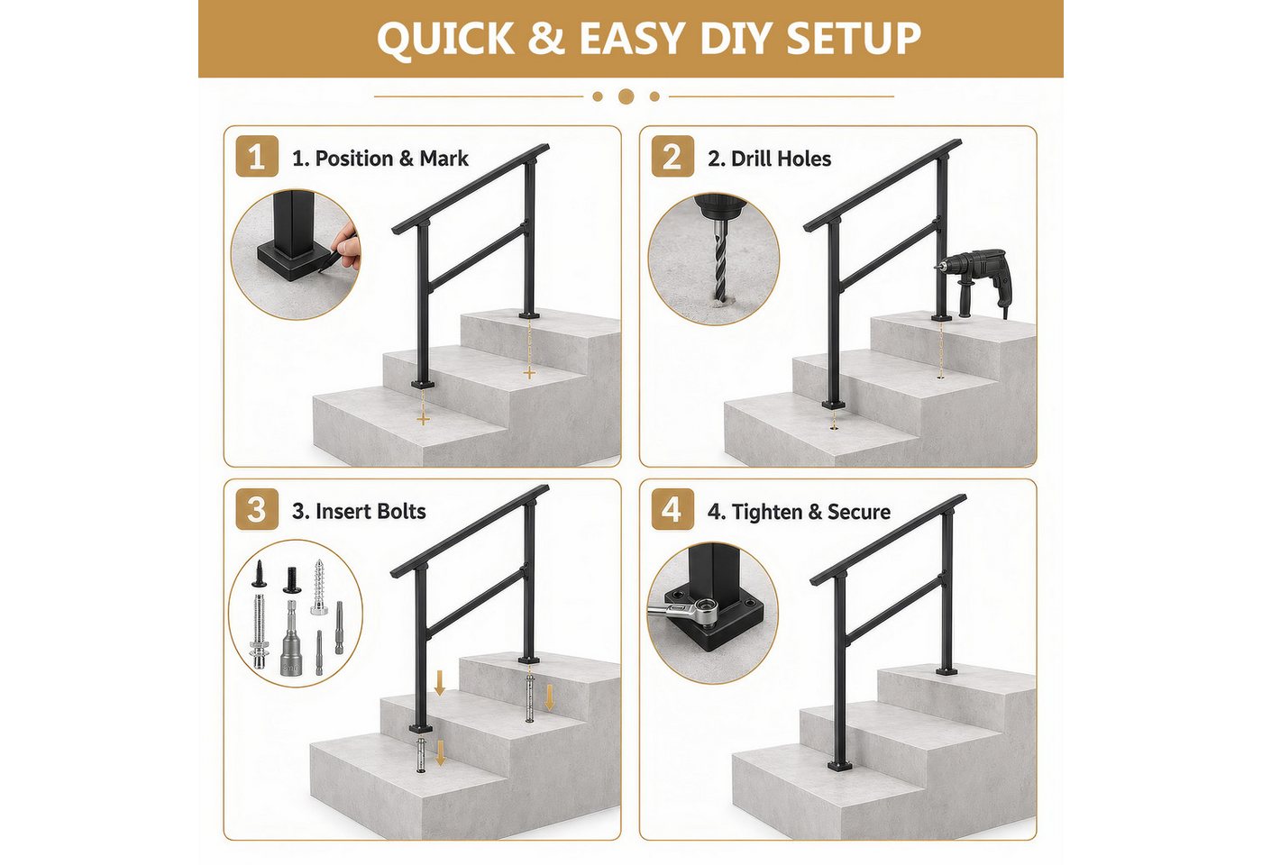 BlingBin Brüstungsgeländer Aussentreppenhandlauf, Geländer Hauseingang, Treppenhandlauf-Set, 95 cm Länge, 96 cm Höhe, Treppengeländer, seitlich montiert, 1-tlg., 1er Set, Außengeländer Treppengeländer für Innen/Außen, Inkl. Montagematerial