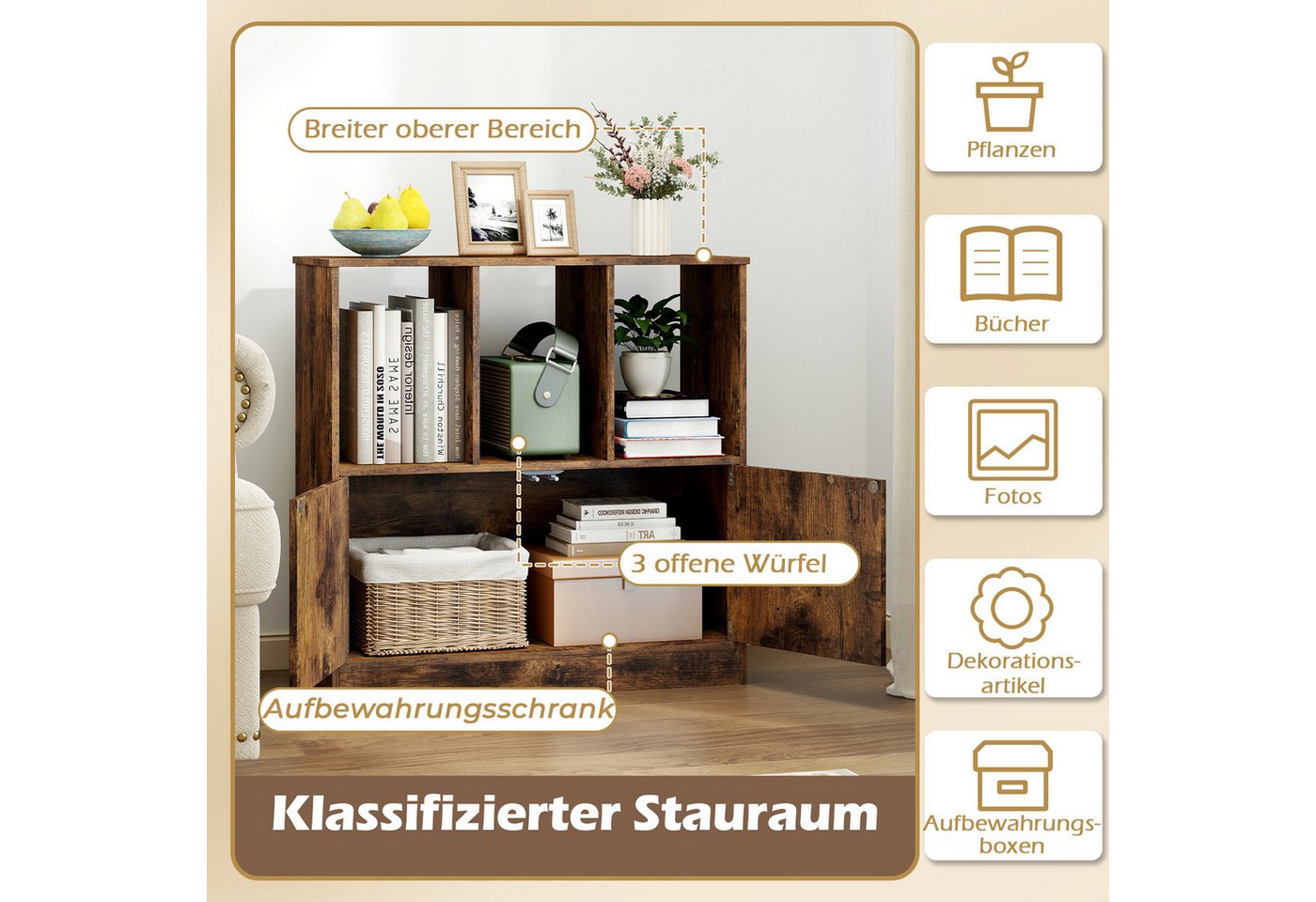 COSTWAY Bücherregal Standregal Würfelregal mit 3 Fächern & Tür, Holz 70x30x70cm