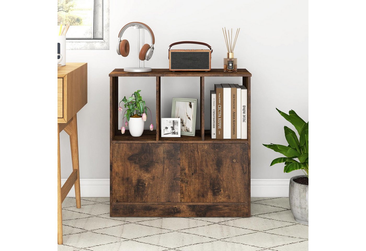 COSTWAY Bücherregal Standregal Würfelregal mit 3 Fächern & Tür, Holz 70x30x70cm Bild 2