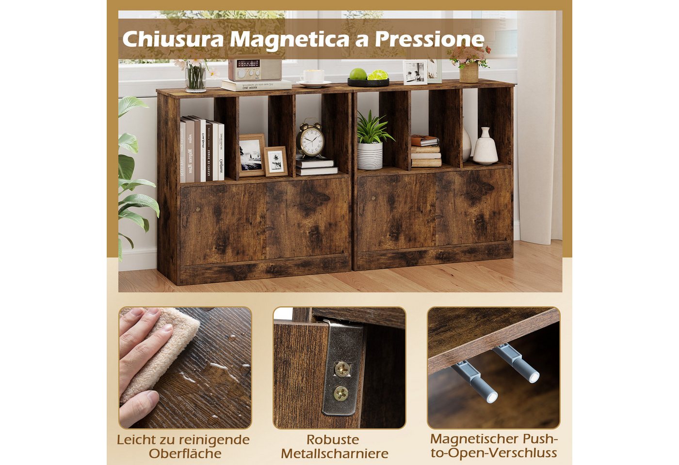 COSTWAY Bücherregal Standregal Würfelregal mit 3 Fächern & Tür, Holz 70x30x70cm Bild 4