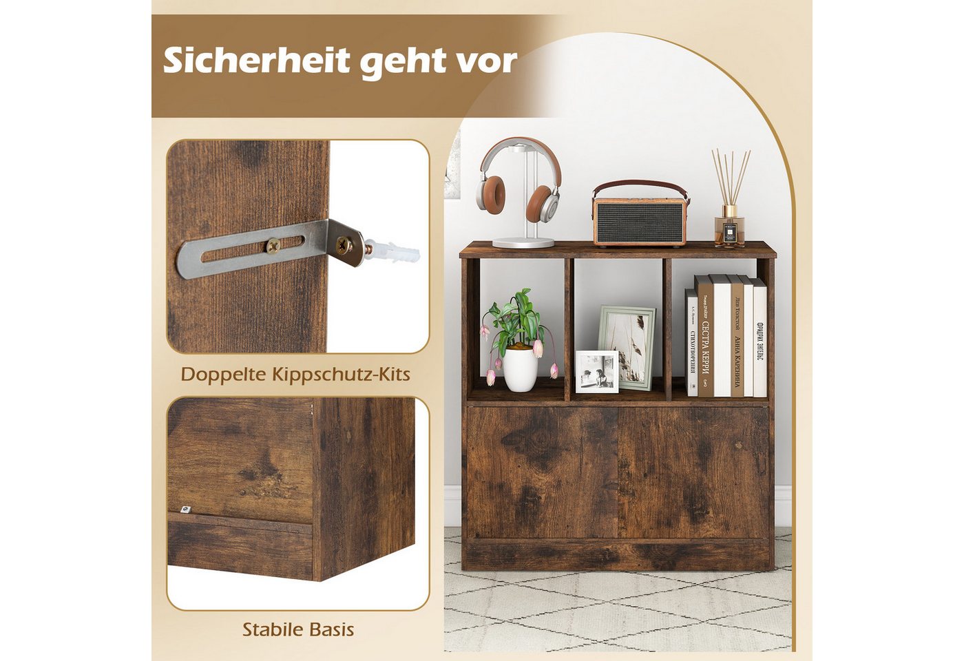 COSTWAY Bücherregal Standregal Würfelregal mit 3 Fächern & Tür, Holz 70x30x70cm Bild 5