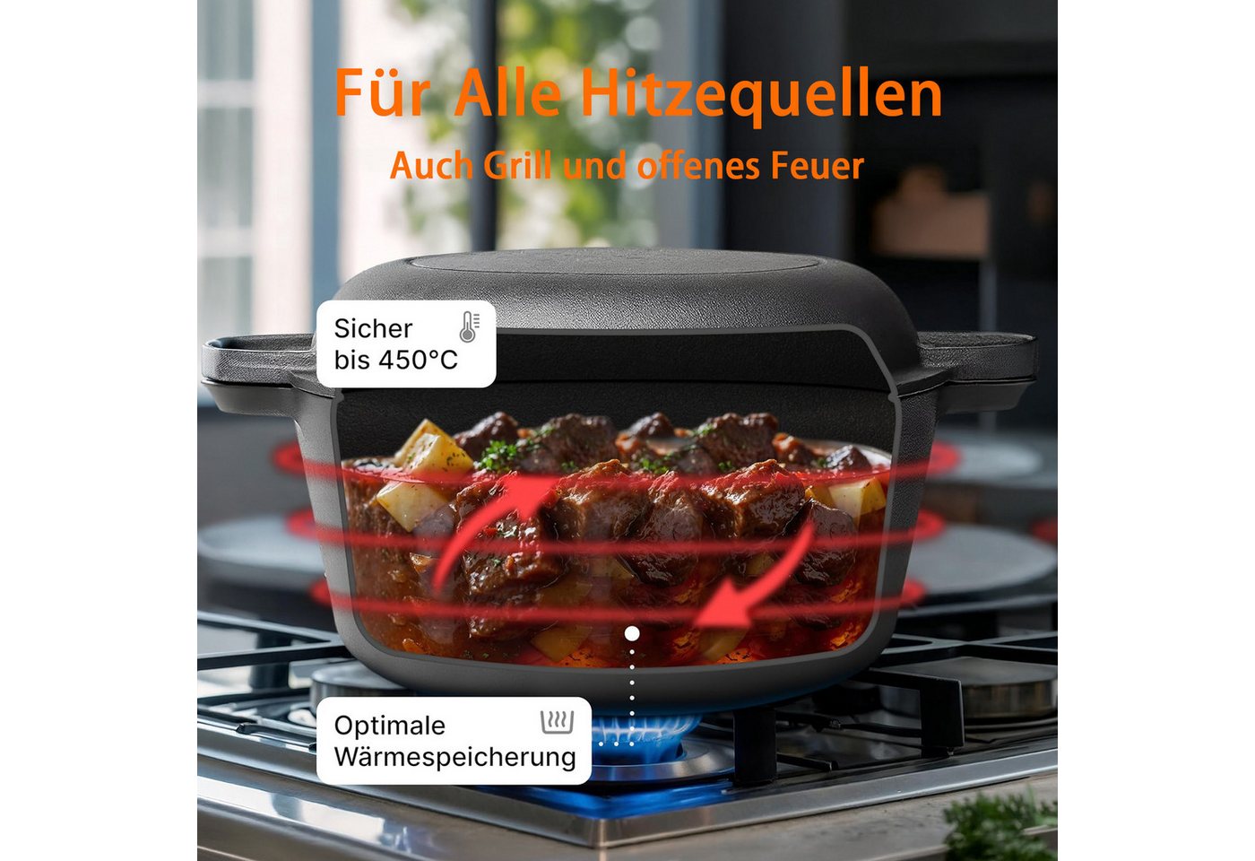 PFCTART Grilltopf Gusseisen Brotbacktopf mit Deckel – Dutch Oven 2-in-1, Gusseisen (Set, 1-tlg., Zum Brotbacken, Braten & Schmoren – inkl. Zubehör Set), Für Backofen, Grill & Induktion geeignet – bis 450 °C hitzebeständig Bild 4