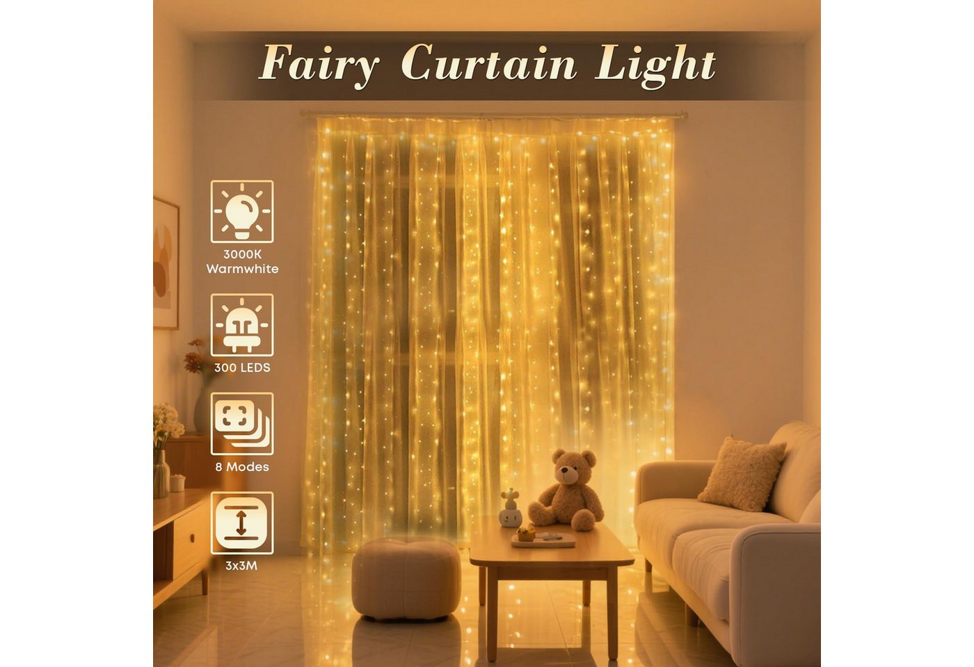 LQWELL LED-Lichtervorhang Lichterkette Fenster 3 x 3m 300 Leds Lichterkettenvorhang, für Innen Außen Zimmer Hochzeit Party Weihnachten Deko