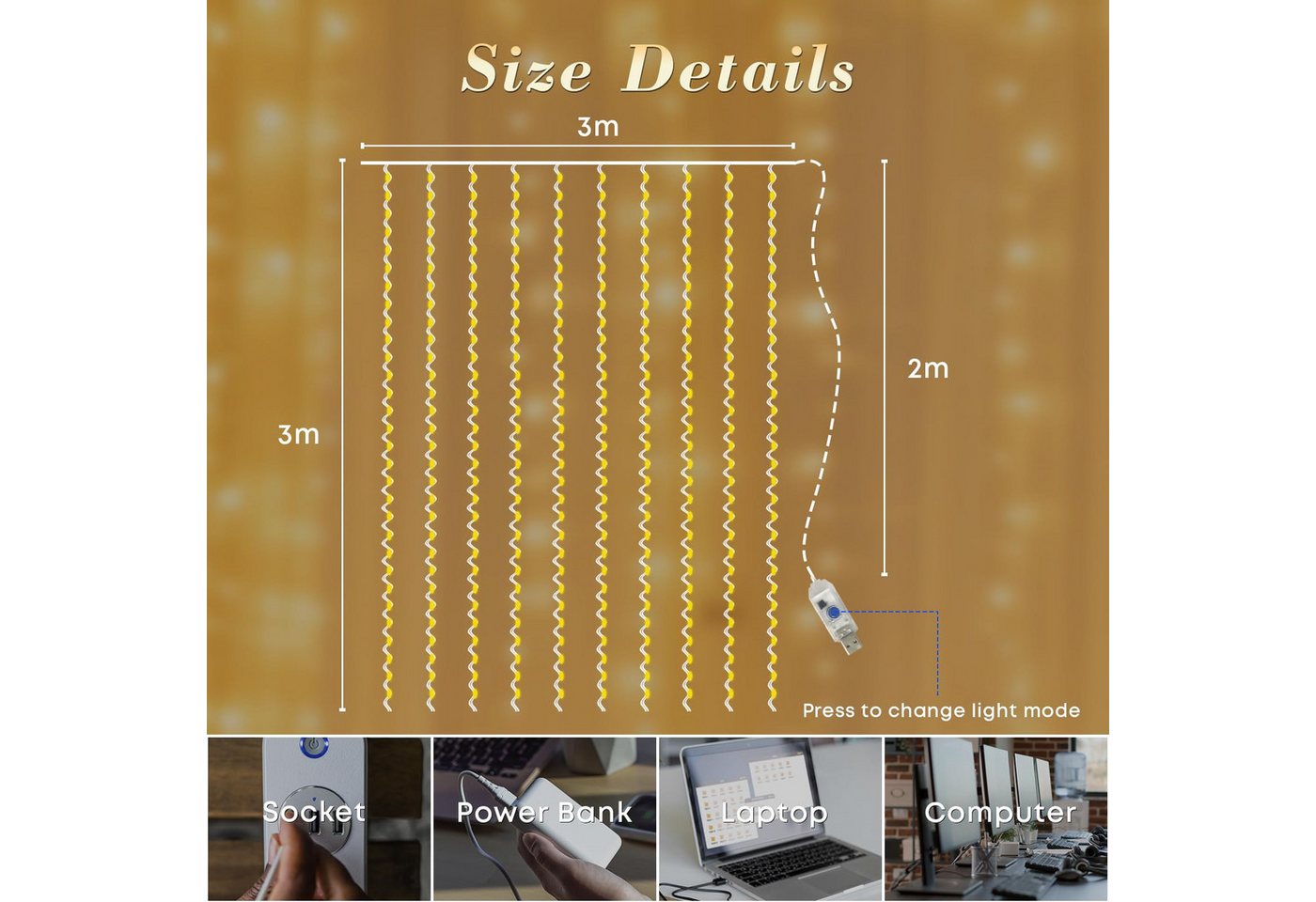 LQWELL LED-Lichtervorhang Lichterkette Fenster 3 x 3m 300 Leds Lichterkettenvorhang, für Innen Außen Zimmer Hochzeit Party Weihnachten Deko Bild 3