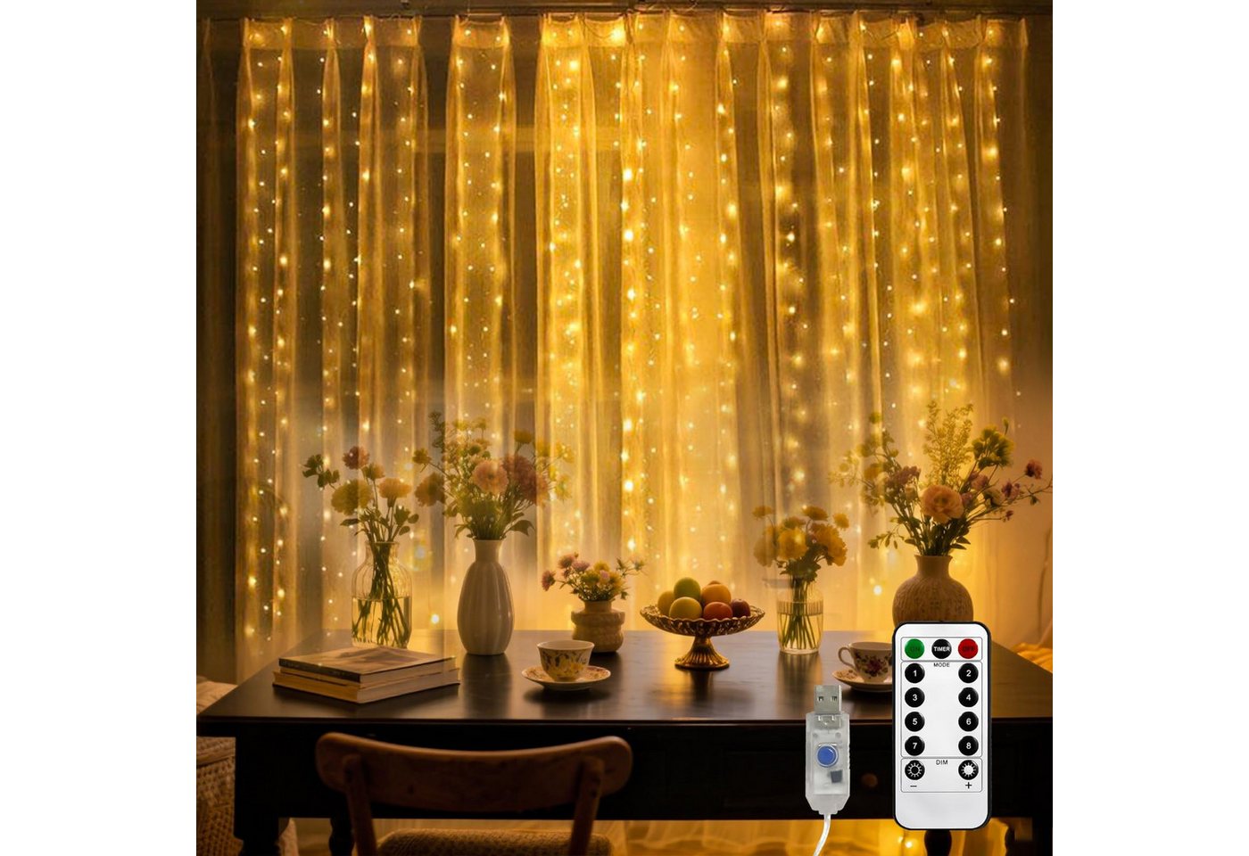LQWELL LED-Lichtervorhang Lichterkette Fenster 3 x 3m 300 Leds Lichterkettenvorhang, für Innen Außen Zimmer Hochzeit Party Weihnachten Deko Bild 4