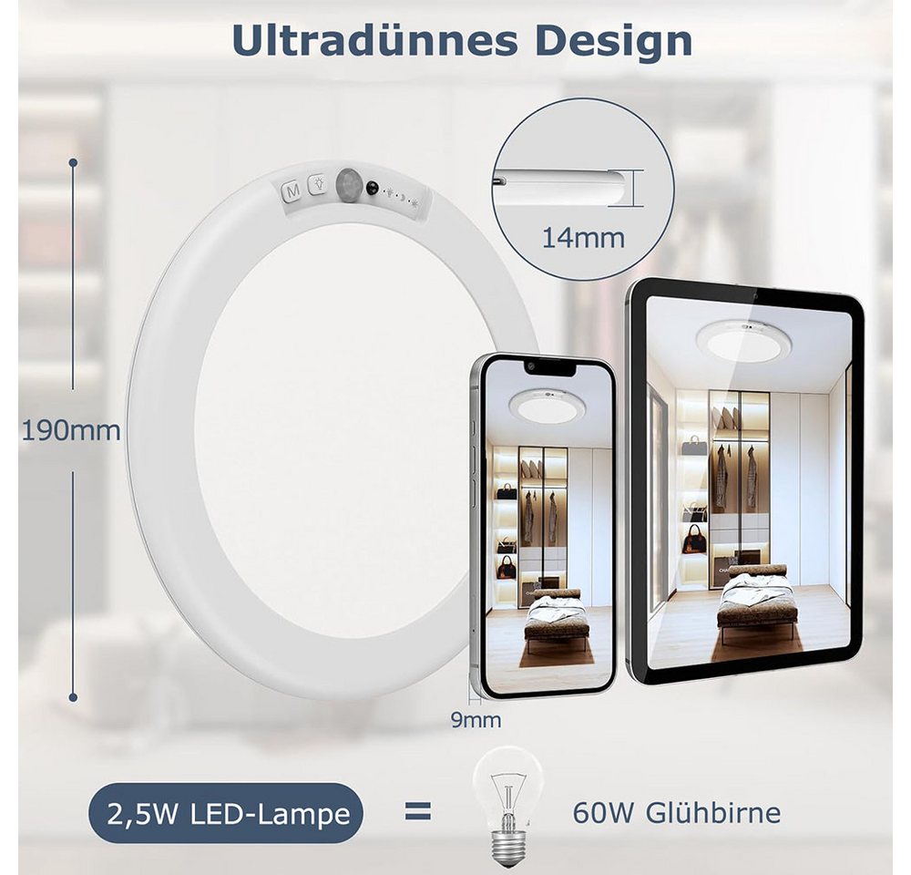 Lapalife LED Deckenleuchte Akku Deckenlampe mit Bewegungsmelder, 3 Farbtemperaturen,Dimmbar,Timer, LED fest integriert, Mit Fernbedienung, Kabellose, Magnetisch für Flur Küche Badzimmer Bild 2