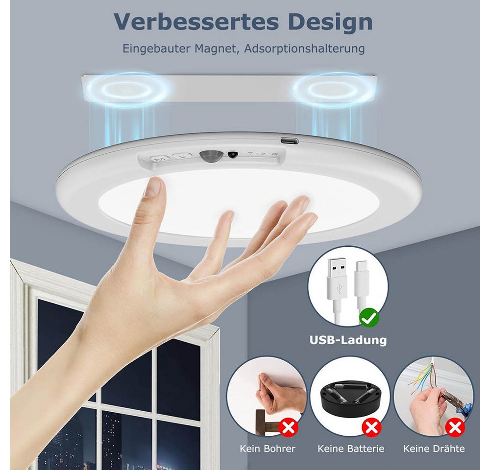 Lapalife LED Deckenleuchte Akku Deckenlampe mit Bewegungsmelder, 3 Farbtemperaturen,Dimmbar,Timer, LED fest integriert, Mit Fernbedienung, Kabellose, Magnetisch für Flur Küche Badzimmer Bild 4