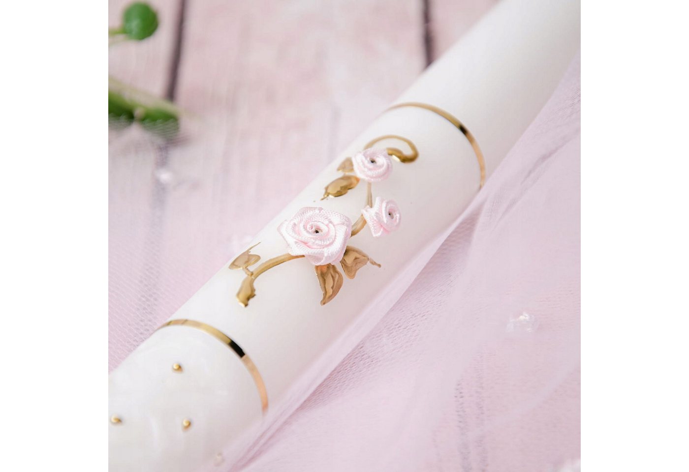 Festivalartikel Taufkarte Taufkerze Mädchen Rosa Blumen Gold 40cm Handdekoriert Bild 2