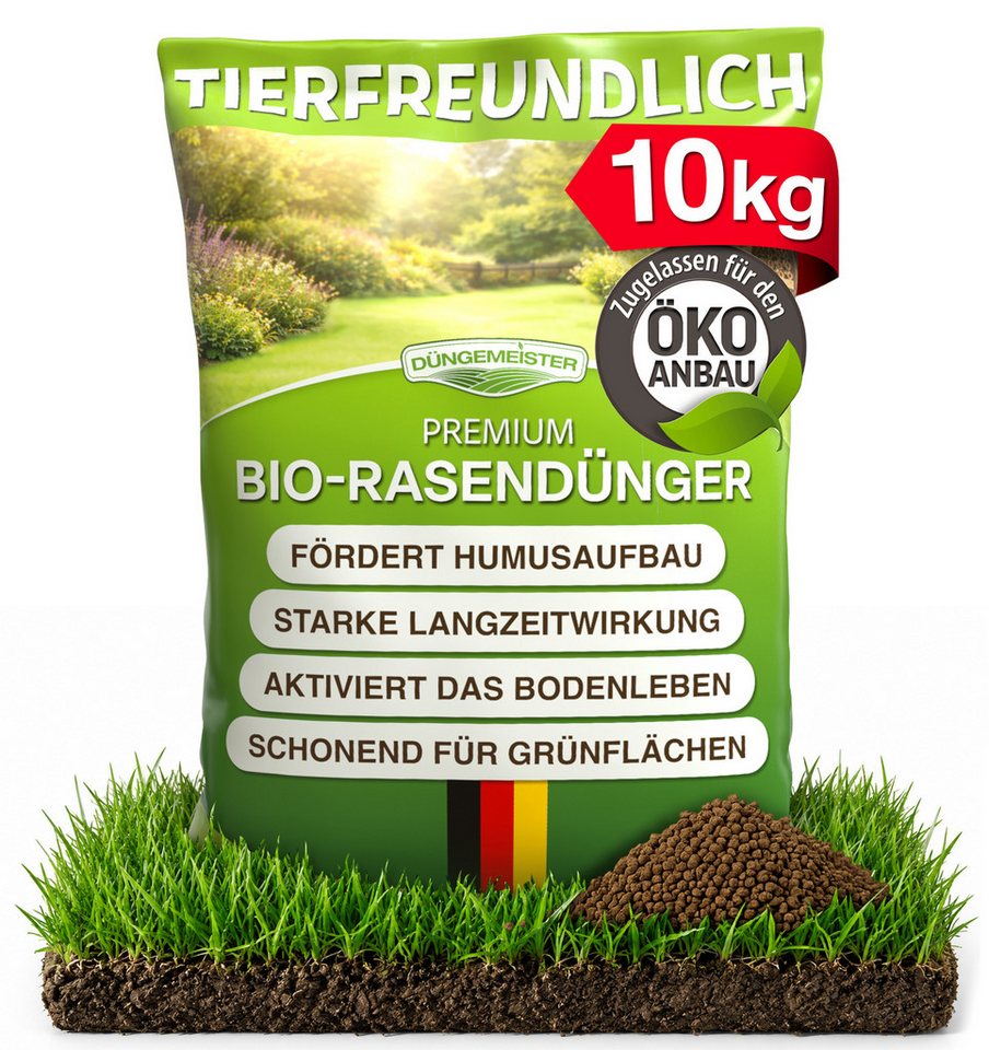 DÜNGEMEISTER Rasendünger BIO Rasen Dünger Premium NPK 9+3+6 in Bio-Qualität, aktiviert müde + ausgelaugte Böden, heilt Rasenlücken, kein Rasenfilz Bild 5