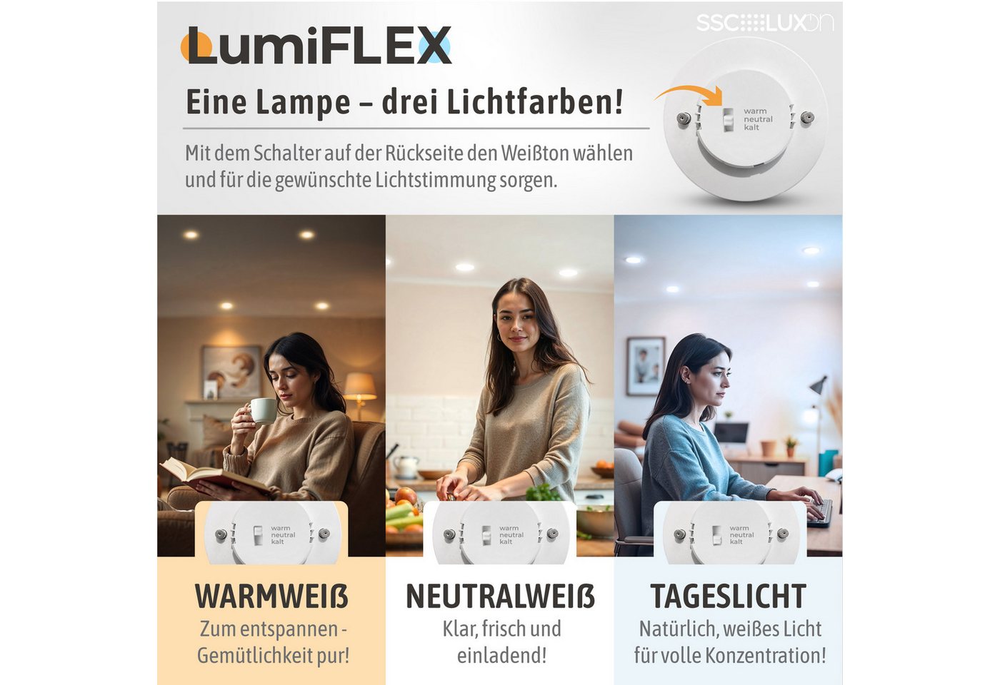 SSC-LUXon LED-Leuchtmittel LumiFLEX LED GX53 Leuchtmittel Lampe 3W drei Lichtfarben 3CCT 230V, GX53, Neutralweiß, Warmweiß, Tageslichtweiß Bild 3