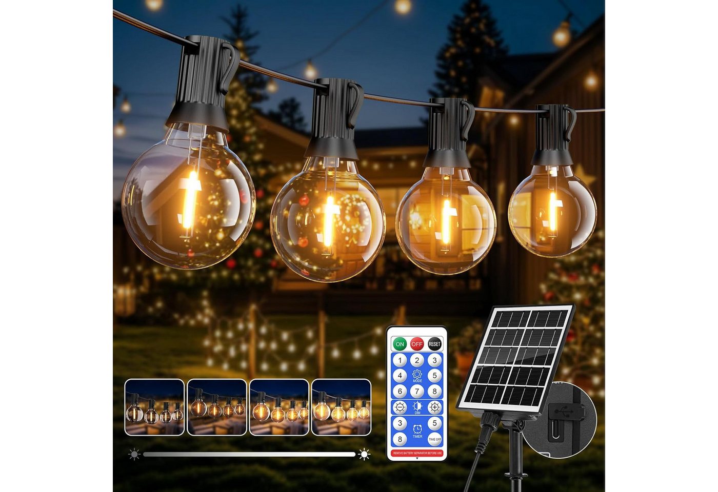 Athlix LED-Lichterkette Solar-LED-Outdoor-Lichterkette mit Fernbedienung G40-Lampen, Vielseitige Lichtmodi, wasserdicht, IP65-Zertifizierung